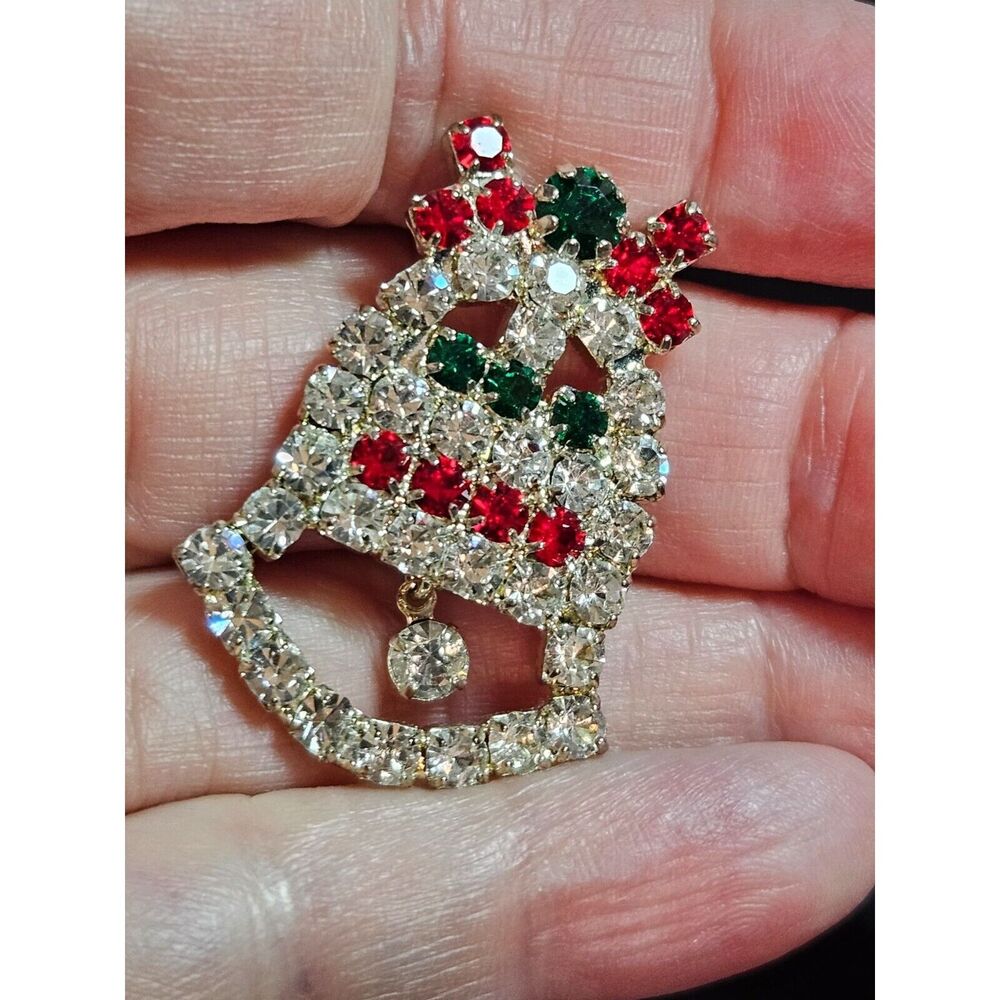 Silver tone vintage rhinestone bell brooch red green